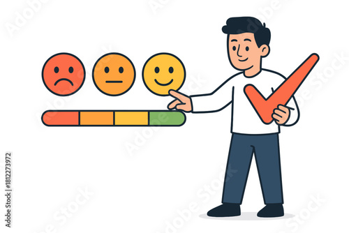Man giving positive feedback on customer satisfaction survey with happy emoji and checkmark