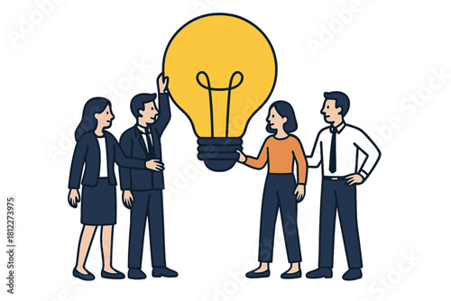Business team collaborating on innovative idea symbolized by large glowing light bulb