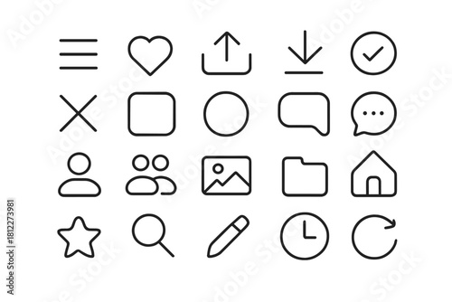 Essential set of minimal line icons for modern user interface design and web applications