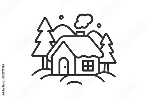 Cozy winter cabin nestled among snowy pine trees with smoke rising from the chimney