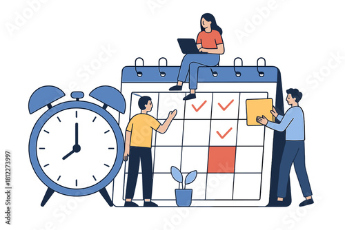 Team collaboration on scheduling and time management with a large calendar and alarm clock