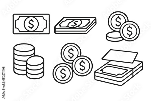 Set of black and white linear financial icons representing cash, dollar banknotes, and various stacks of coins