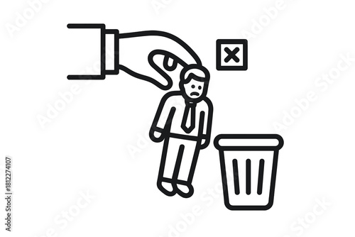 Hand dropping a sad businessman figure into a trash bin symbolizing job termination or employee rejection