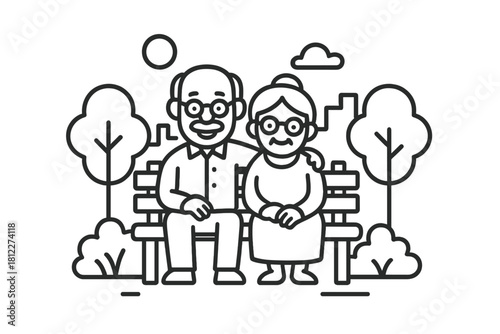 Smiling senior man and woman embracing while relaxing on a park bench