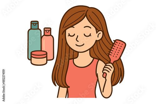Young woman happily brushing her long brown hair with a paddle brush and hair care products