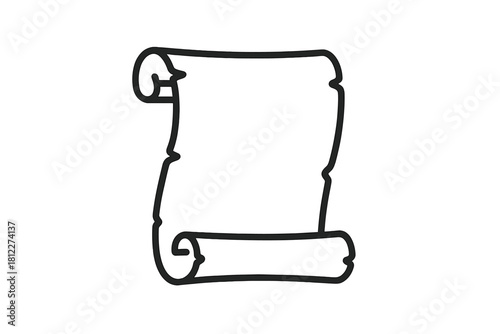 Black outline of an unrolled vintage paper scroll with curled ends and ragged edges