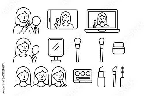 Line Icons Set of Beauty Products, Makeup Tools, and Women Applying Cosmetics