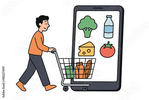 Young man pushing shopping cart ordering groceries online via smartphone application
