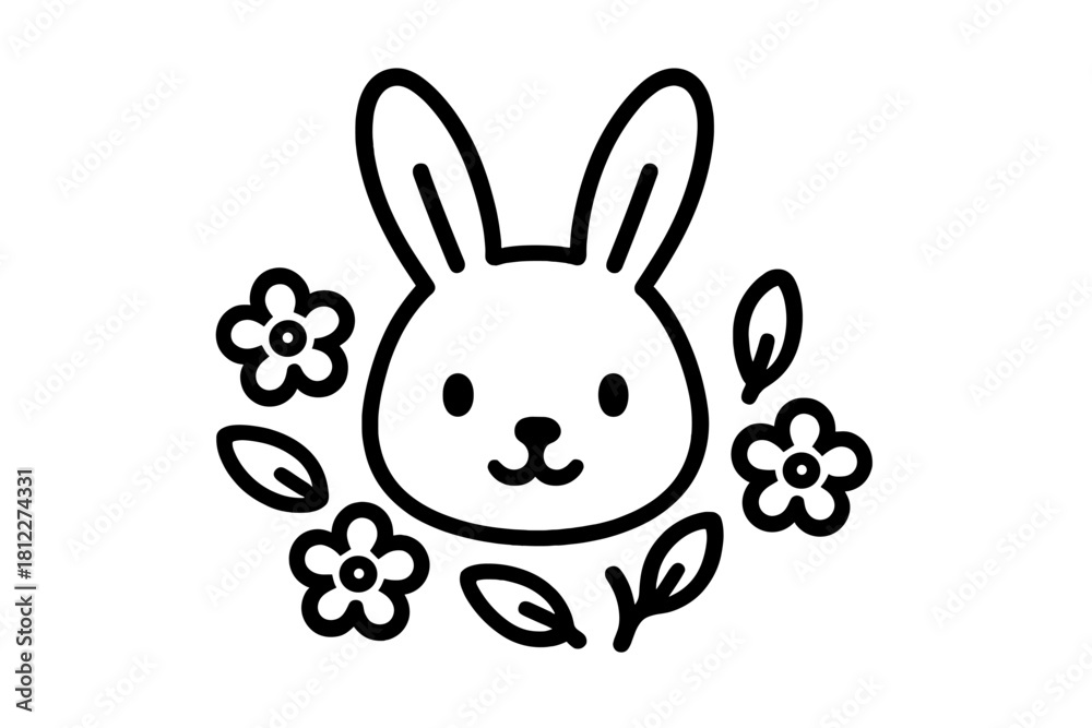 Obraz premium Cute rabbit face in minimalist black outline style framed by small blossoms and foliage
