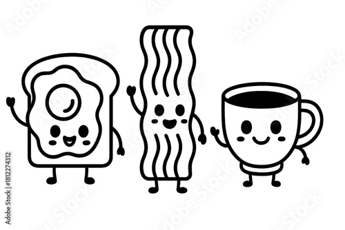 Cute cartoon breakfast characters: fried egg, toast, bacon, and coffee mug waving