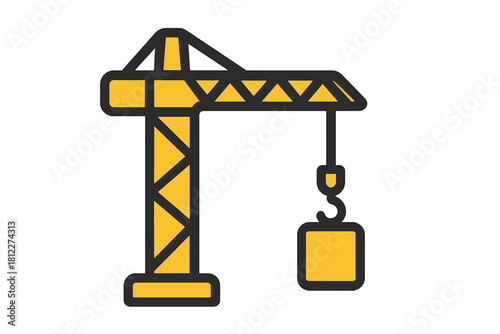 Minimalist yellow and black tower crane lifting a load on a construction site
