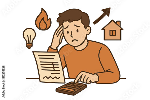 Worried person calculating household expenses with icons for rising energy and housing costs