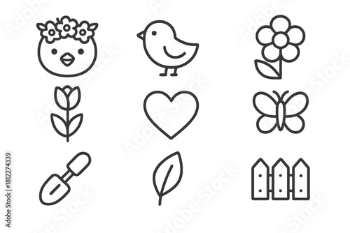 Spring and nature outline icons featuring a baby chick, small bird, blooming flowers, butterfly, and gardening shovel