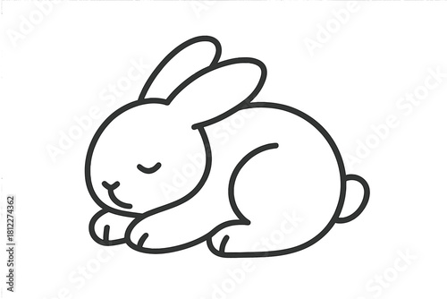 Simple black and white line art of a cute sleeping bunny rabbit curled up peacefully