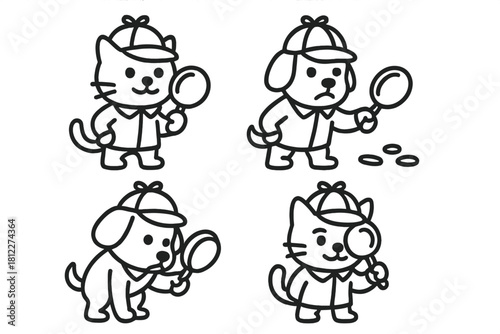 Four cute cartoon animal detectives holding magnifying glasses and searching for clues