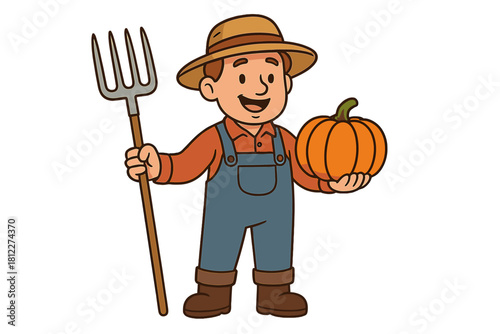 Cheerful agricultural worker holding a freshly harvested pumpkin and a traditional farming pitchfork