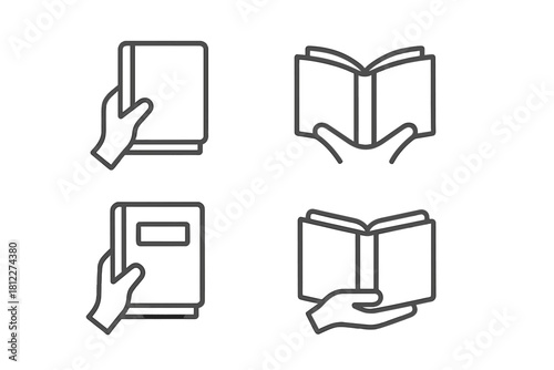 Outline symbols of hands holding closed and open books representing education