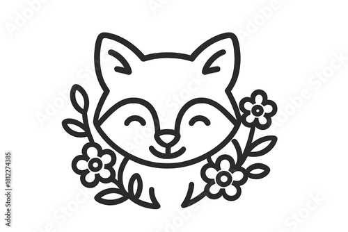 Cute happy fox face outline surrounded by simple flowers and leaves