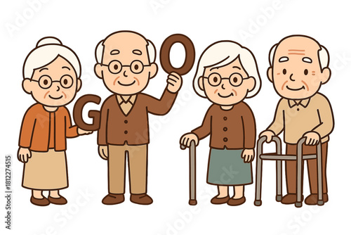 Four smiling senior adults holding the letters G and O