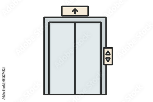 Minimalist closed elevator doors with illuminated up arrow sign and call buttons