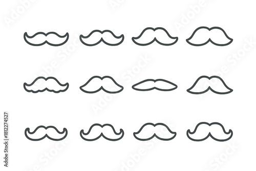 Twelve different mustache shapes and styles presented as minimalist line icons