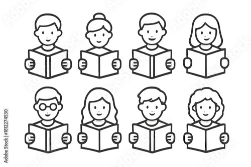 Minimalist black and white line icons of diverse people reading books and engaging in education