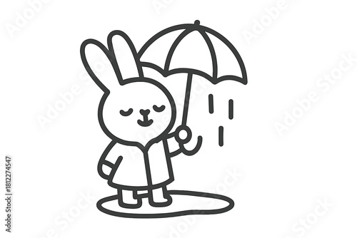 Cute cartoon rabbit standing in a puddle holding an umbrella during rainy weather