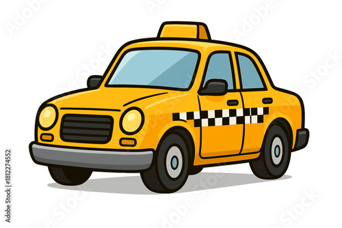 Bright yellow cartoon taxi cab isolated on white background for transportation service