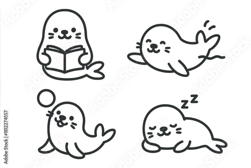 Cute cartoon seal character set doing various activities reading swimming and sleeping