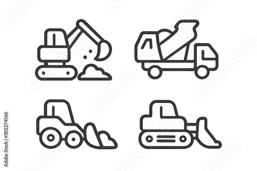 Outline icons set of heavy construction vehicles excavator loader bulldozer dump truck