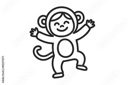 Happy child wearing a cute monkey costume jumping with arms outstretched in simple outline drawing