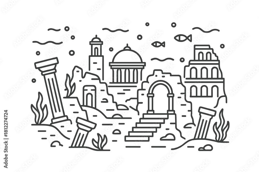Naklejka premium Ancient underwater city ruins with submerged columns, arches, historical buildings, and swimming fish
