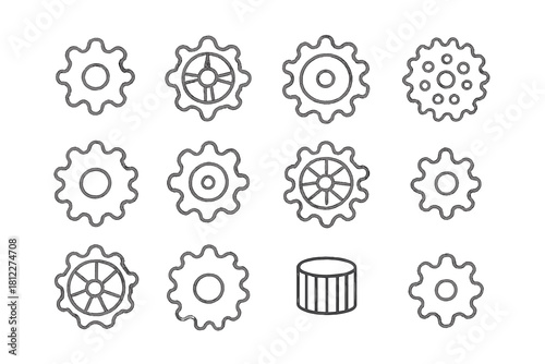 Collection of distinct black and white outline symbols for mechanical gears and settings