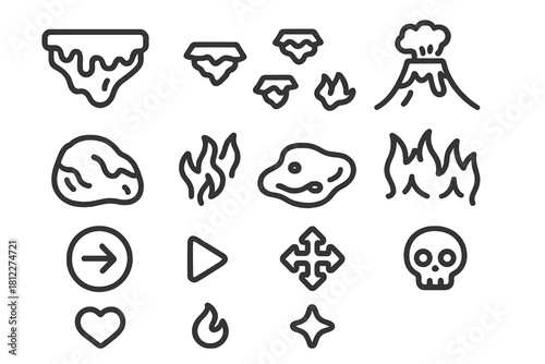 Simple line icons for game design featuring nature, fire, and user interface controls