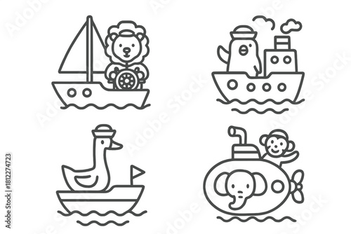 Four outline icons of cute animal captains steering boats, ships, and a submarine