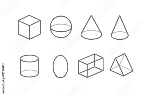 Set of basic 3D geometric shapes represented as wireframe outlines for education and design