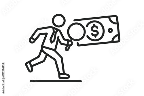 Businessman running with a magnifying glass searching for financial success and wealth
