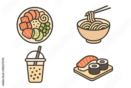 Popular Asian food items set featuring sushi, ramen noodles, poke bowl, and bubble tea
