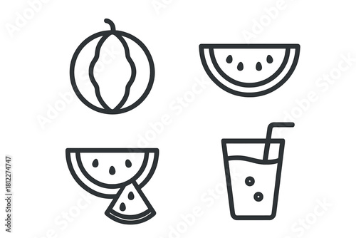Simple line drawings of whole watermelon, cut slices, and a refreshing cold drink