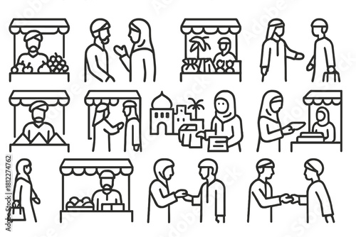 Outline icons depicting community, commerce, and daily life in a traditional Arabian market