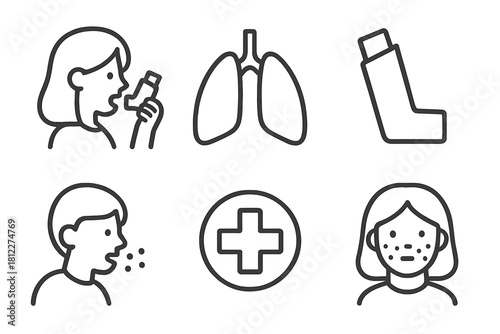Line icons set for respiratory diseases, allergy symptoms, asthma, lungs, and coughing
