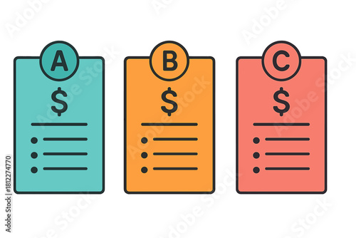 Three colorful pricing plan documents labeled A, B, and C showing different financial options