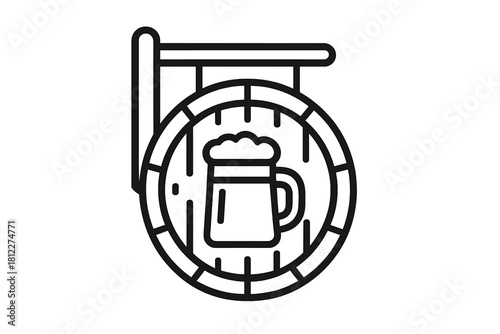 Classic hanging pub sign featuring a frothy beer mug on a stylized wooden barrel