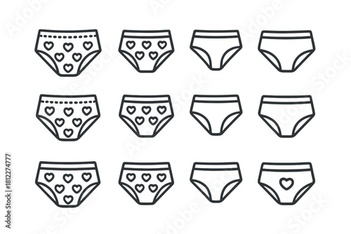 Set of women's underwear styles including briefs, panties, and heart pattern designs