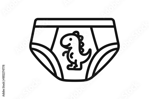Simple black and white line art of children's underwear with a cute dinosaur character