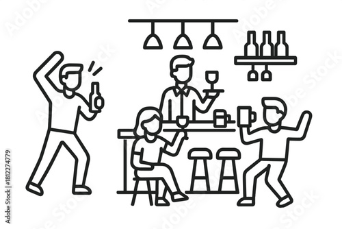 Friends enjoying drinks and dancing at a lively bar with a bartender serving customers