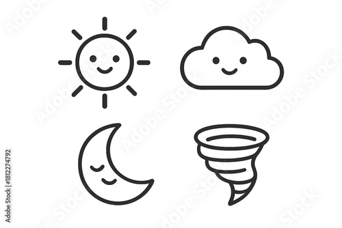 Minimalist outline symbols representing various weather conditions and celestial elements