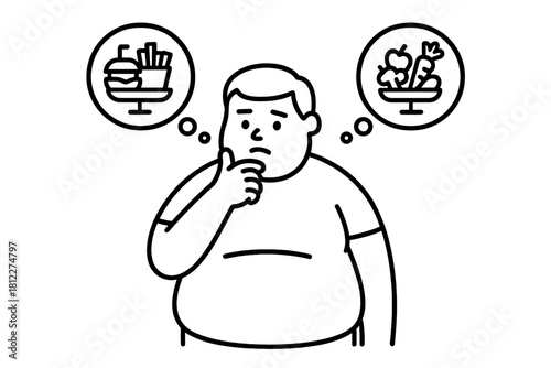 Overweight man contemplating the choice between nutritious fruits and unhealthy fast food