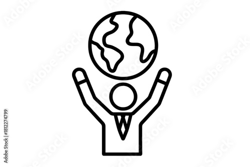 Stylized businessman in suit holding the planet Earth above his head representing global power and success
