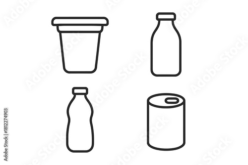 Outline set of various food and beverage packaging containers